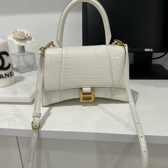 BALENCIAGA HOURGLASS SMALL HANDBAG CROCODILE WHITE W GOLD (dust bag too) - Picture 4 of 11